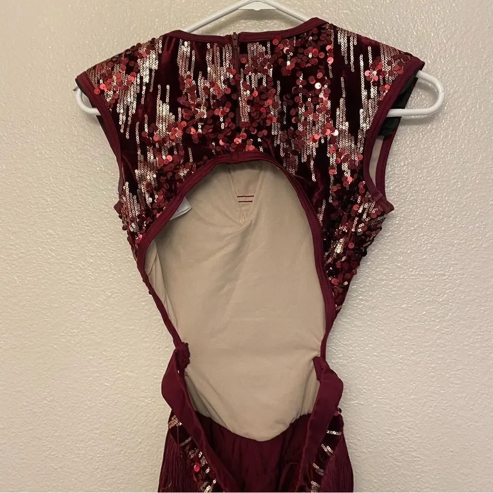 WEISSMAN Elite Dance Costume burgundy red sequin fringe Belong D13198 SA